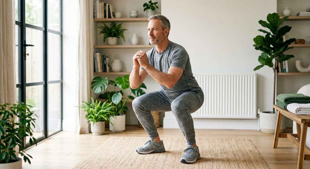 Homme d'âge mûr faisant des squats dans un salon lumineux