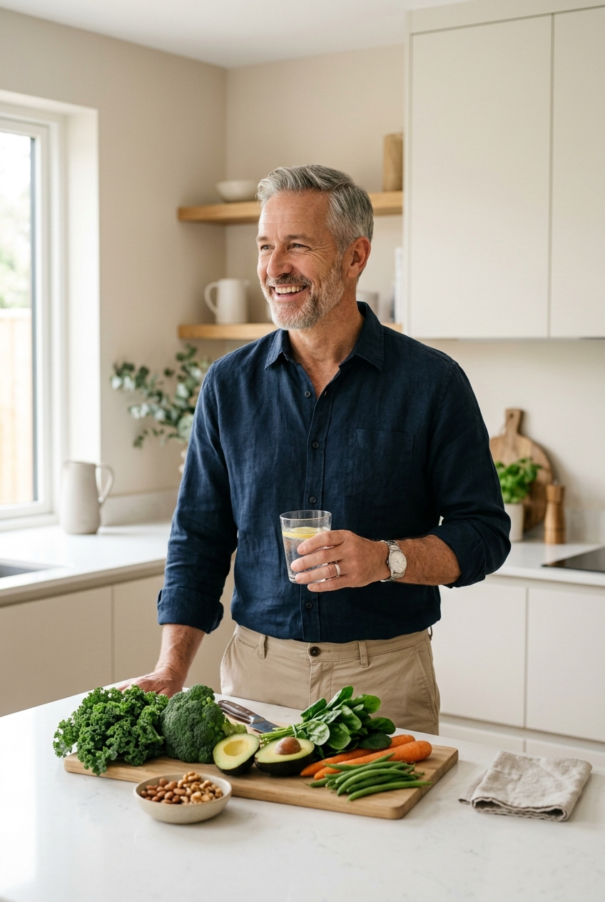 Homme souriant dans une cuisine tenant un verre d'eau devant une sélection de