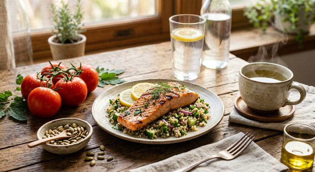 Pavé de saumon grillé sur salade de quinoa, servi avec tomates, graines de courge et thé sur une table en bois