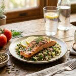 Pavé de saumon grillé sur salade de quinoa, servi avec tomates, graines de courge et thé sur une table en bois