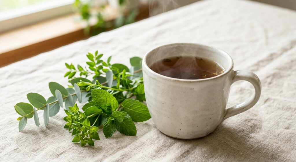 Tasse de tisane fumante avec des herbes fraîches sur une nappe en lin
