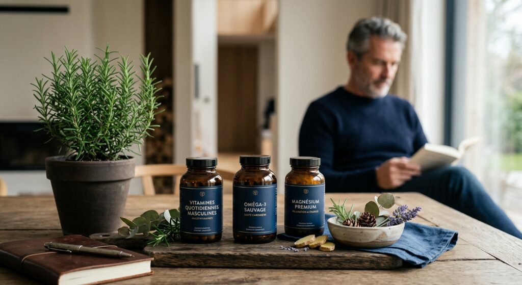 Trois flacons de compléments alimentaires (Vitamines, Oméga-3, Magnésium) sur une table devant un homme qui lit