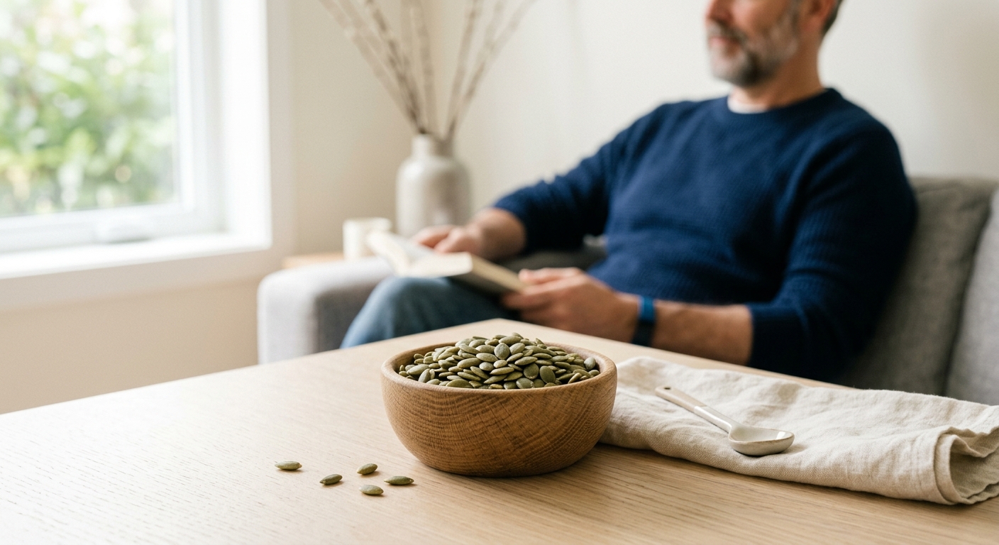 Un bol en bois rempli de graines de courge sur une table, avec un homme lisant