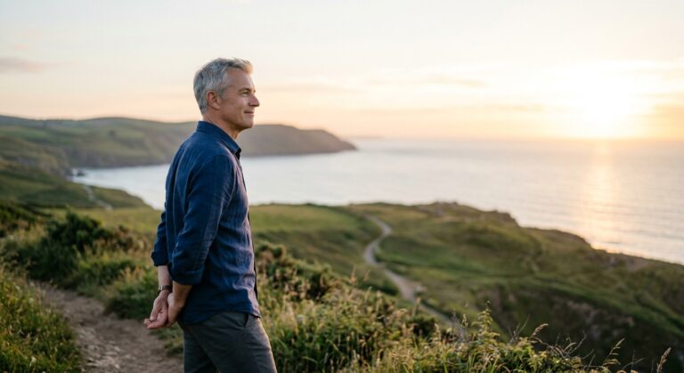 Un homme aux cheveux gris contemplant un paysage côtier au coucher du soleil