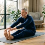 Un homme aux cheveux gris s'étire sur un tapis de yoga dans un salon lumineux