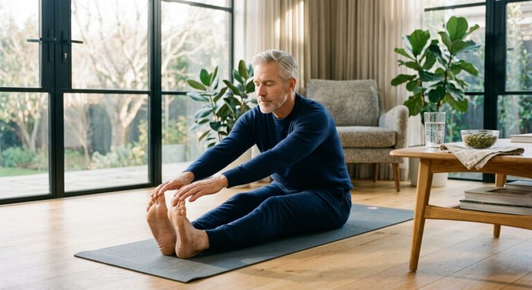 Un homme aux cheveux gris s'étire sur un tapis de yoga dans un salon lumineux