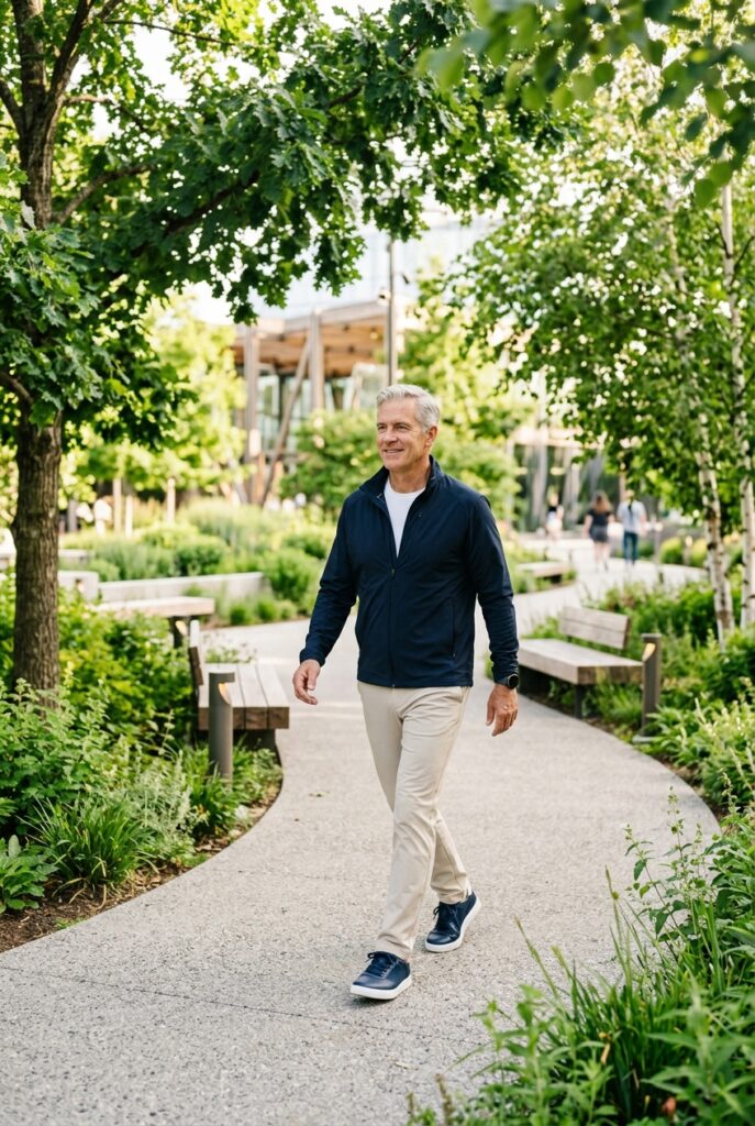 Un homme d'âge mûr souriant marche sur un sentier dans un parc verdoyant