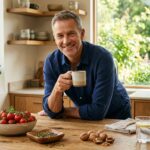 Un homme d'âge mûr souriant tenant une tasse dans une cuisine lumineuse avec des tomates et des noix sur la table