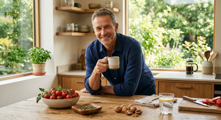 Un homme d'âge mûr souriant tenant une tasse dans une cuisine lumineuse avec des tomates et des noix sur la table