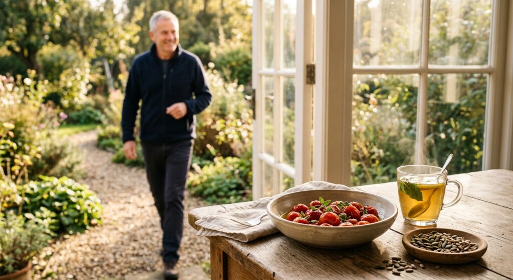 Un homme marchant dans un jardin vers une table avec des tomates rôties, des graines et une tisane fumante