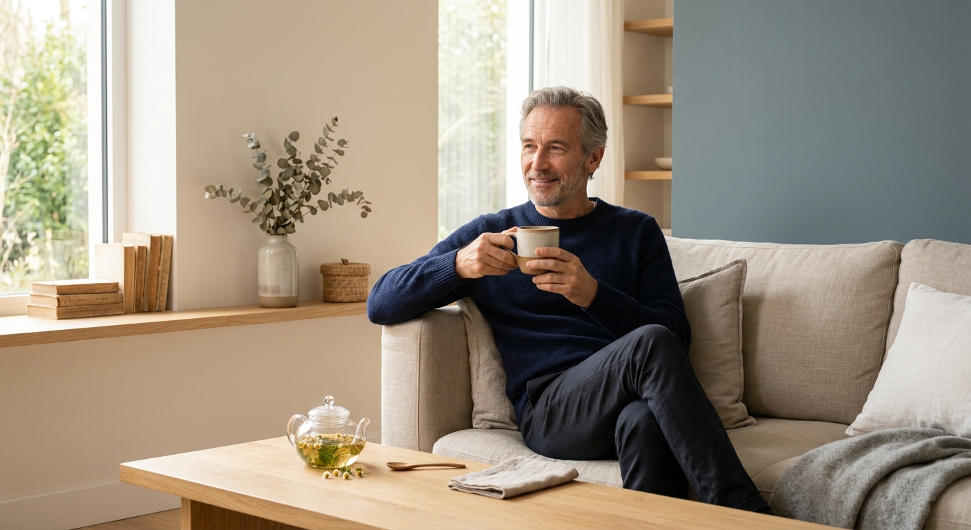 Un homme souriant assis sur un canapé, tenant une tasse et regardant par la