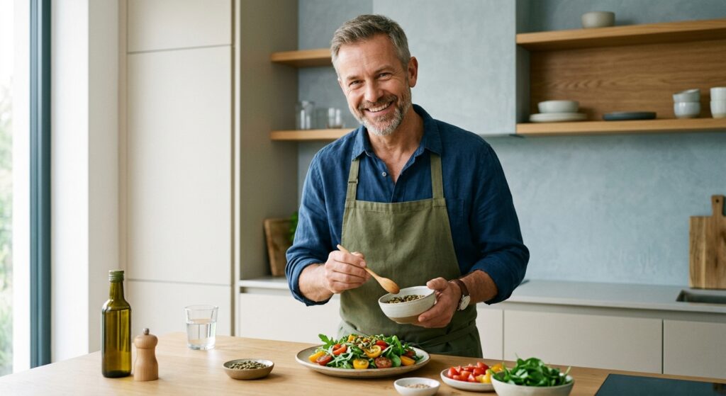 Un homme souriant portant un tablier vert prépare une salade dans une cuisine moderne