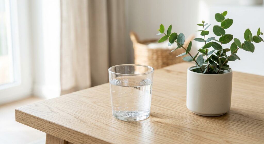 Un verre d'eau et une petite plante en pot sur une table en bois