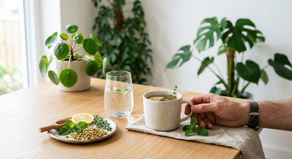 Une main tenant une tasse de tisane fumante sur une table en bois à côté de menthe, citron et camomille
