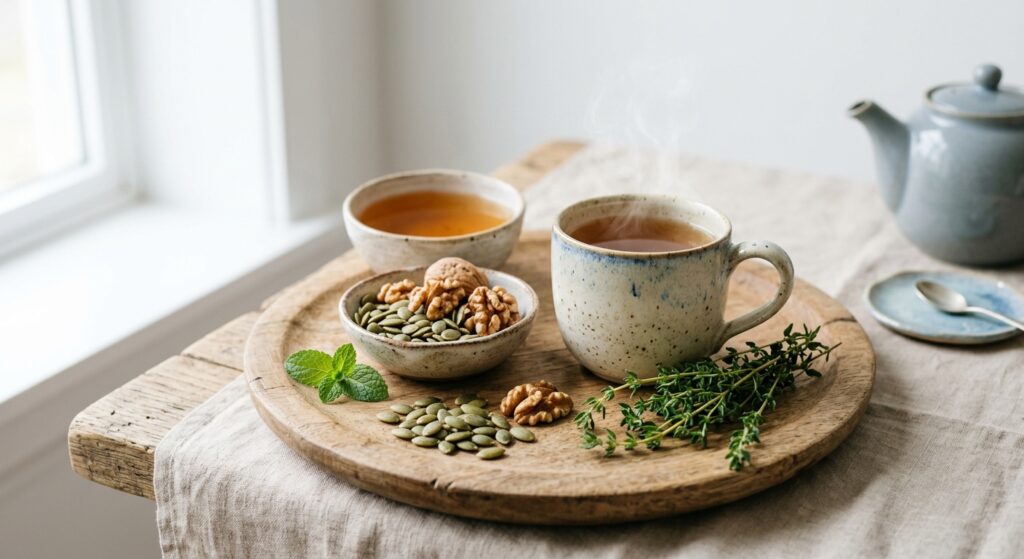 Une tasse de thé fumante sur un plateau en bois avec des noix, des graines de courge et des herbes fraîches