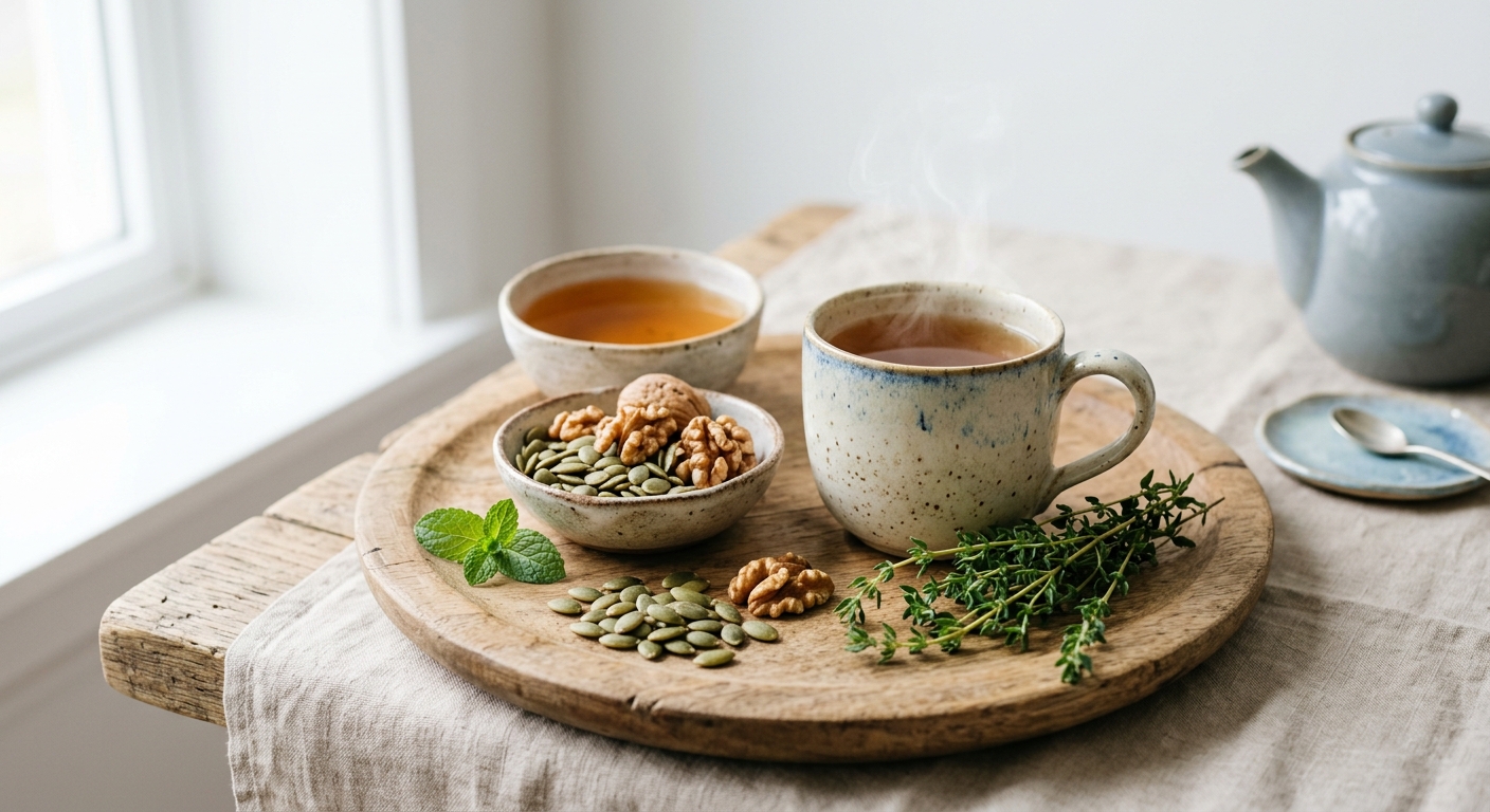 Une tasse de thé fumante sur un plateau en bois avec des noix, des graines de