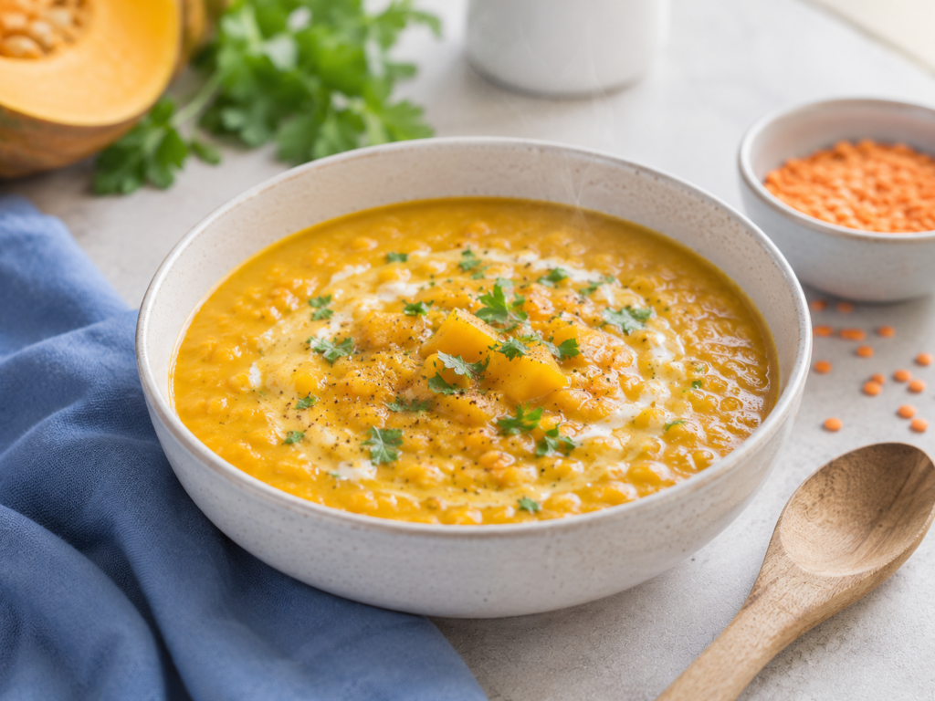 Soupe de lentilles et légumes fumante dans un bol, avec herbes fraîches et