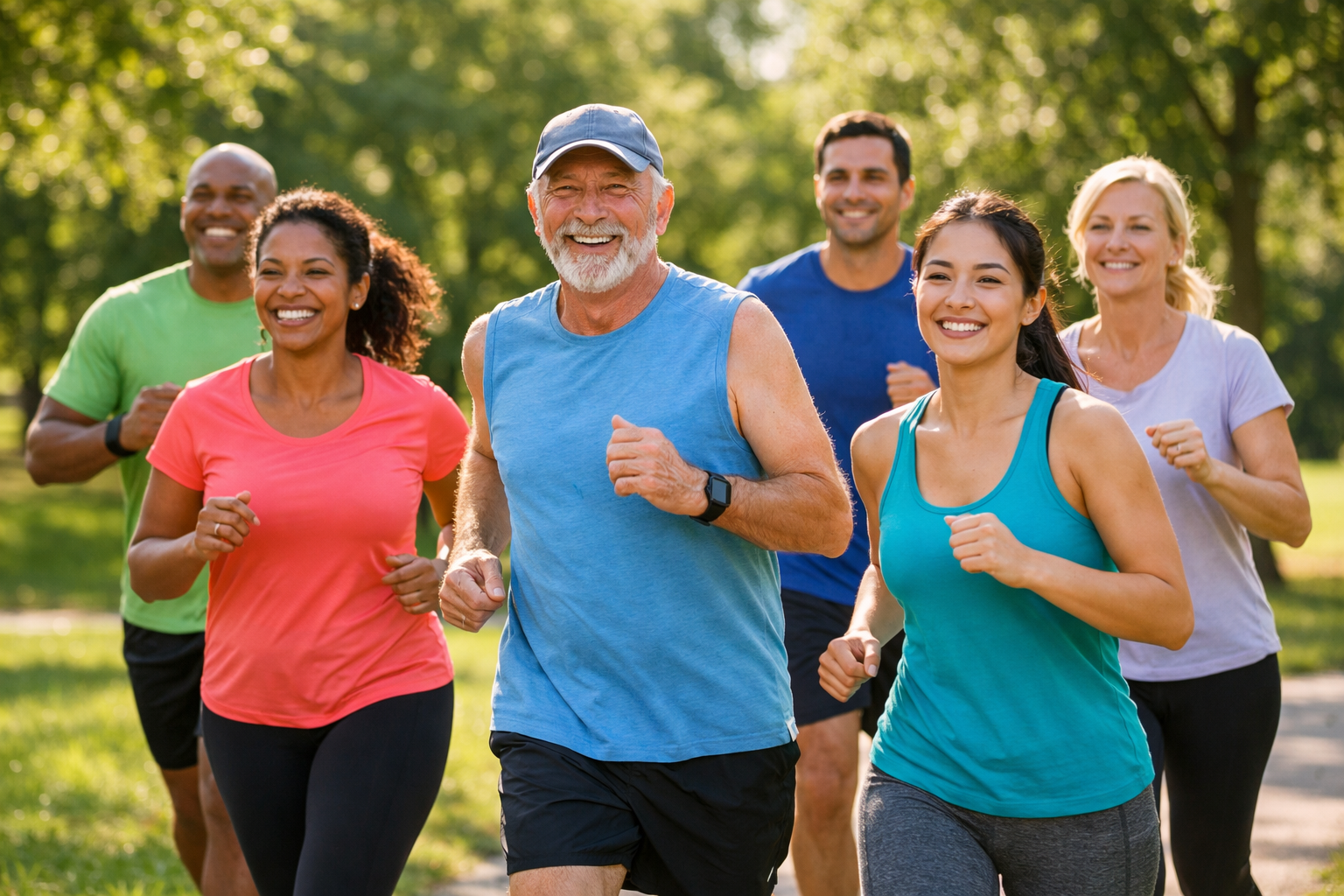 groupe de personnes faisant du jogging dans un parc ensoleillé