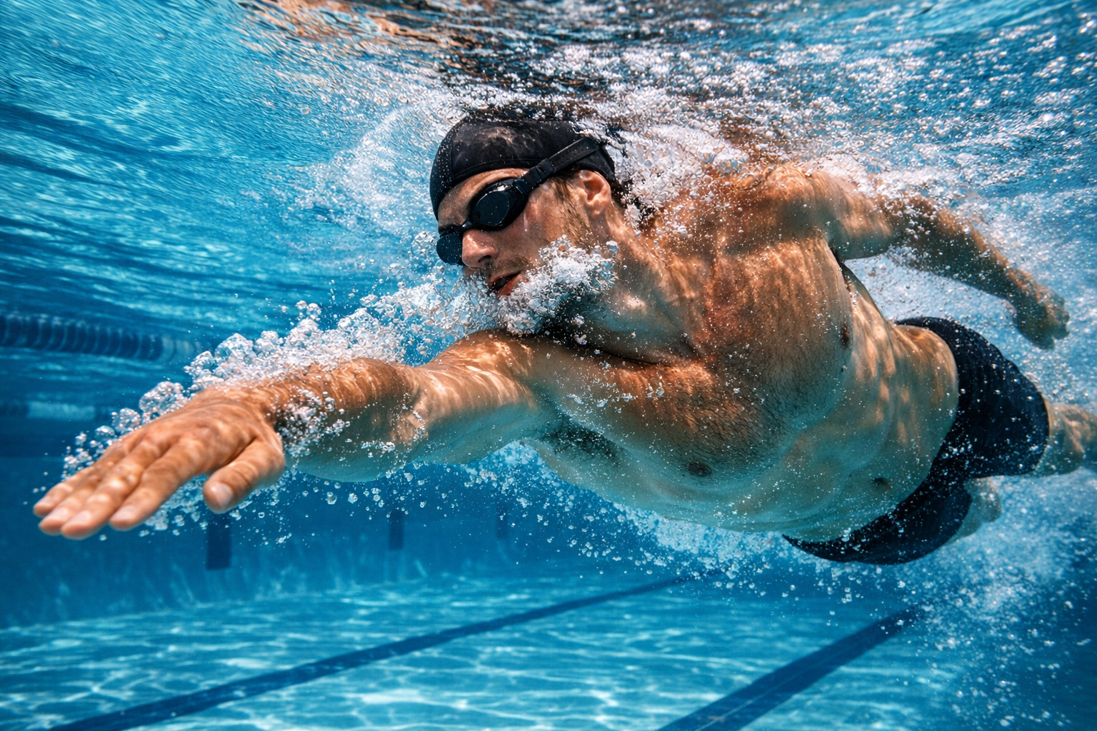 adulte nageant en crawl dans une piscine bleue