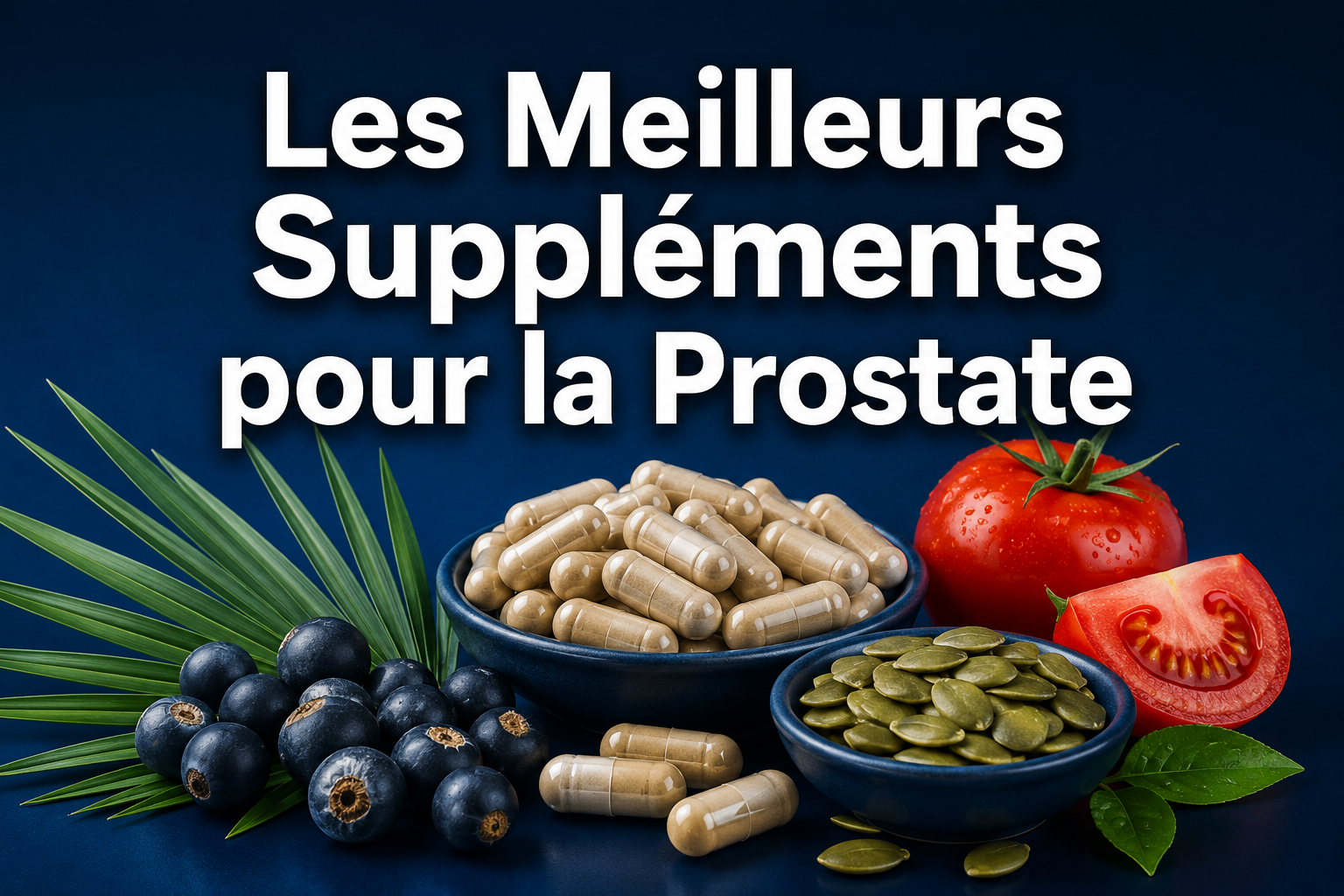 Image éditoriale en format paysage () avec texte en gras en surimpression : 'Les Meilleurs Suppléments pour la Prostate' en