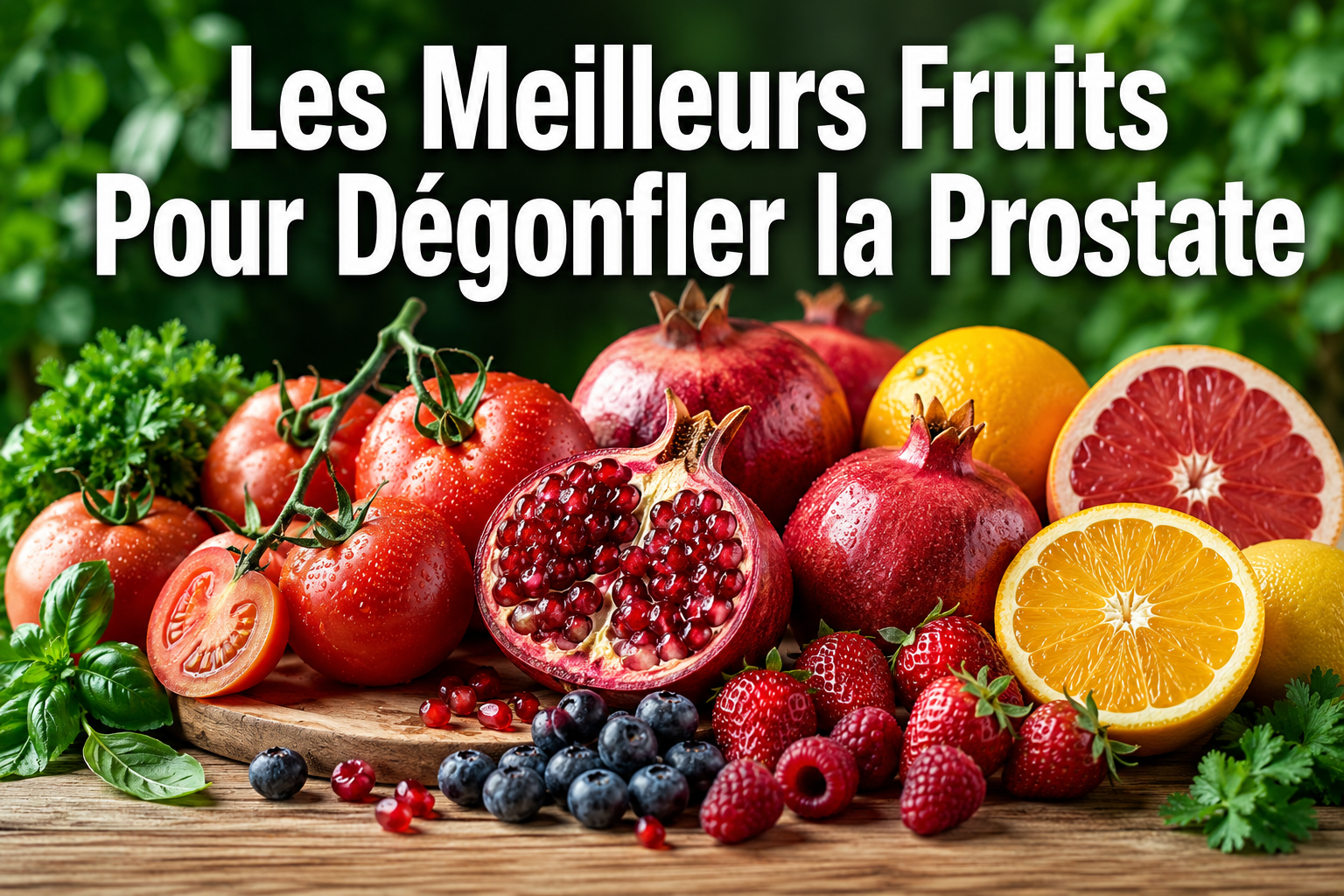 Professional () hero image with : 'Les Meilleurs Fruits Pour Dégonfler la Prostate' in extra large white with dark ,
