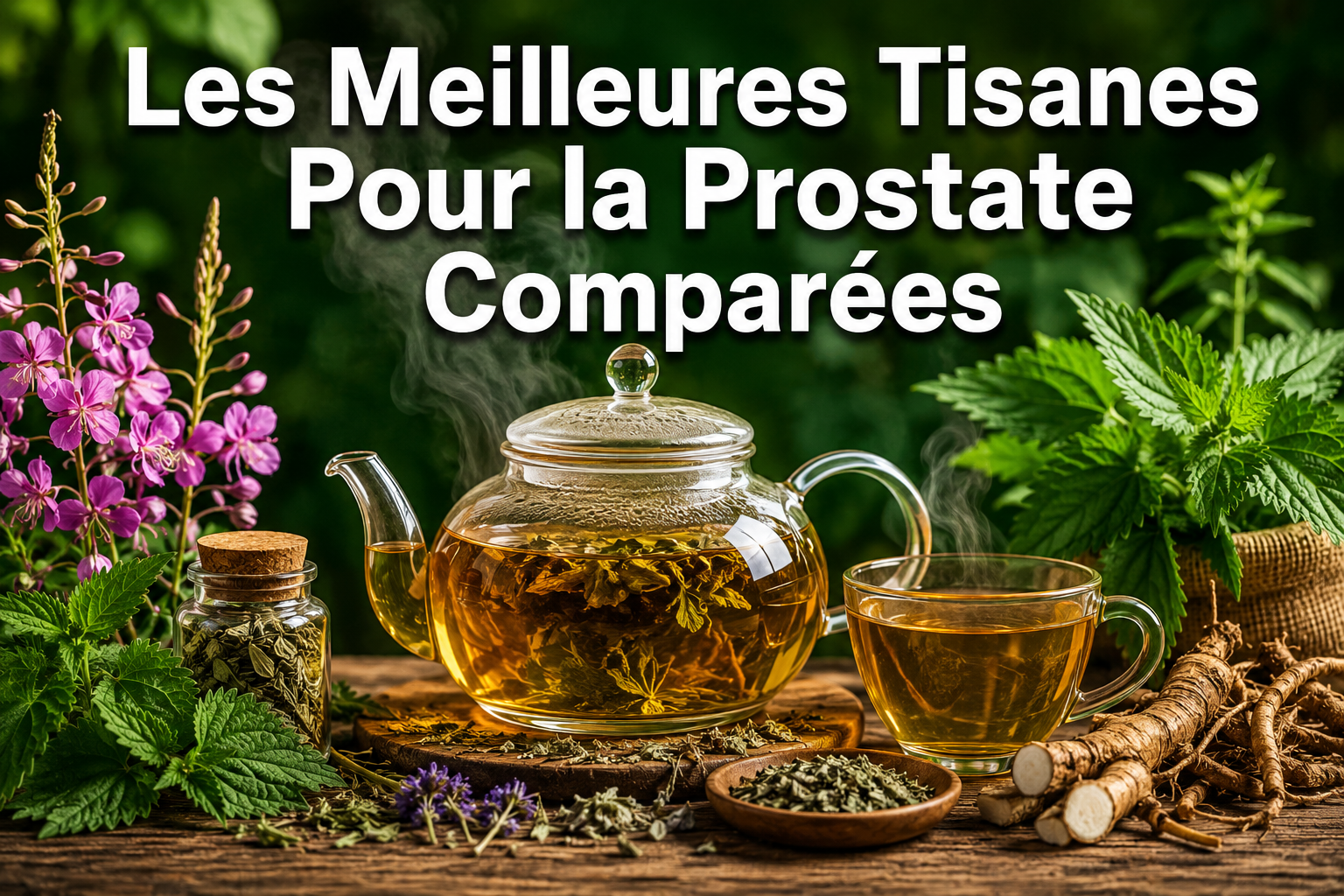 Professional () hero image featuring 'Les Meilleures Tisanes Pour la Prostate Comparées' in extra large white with dark ,