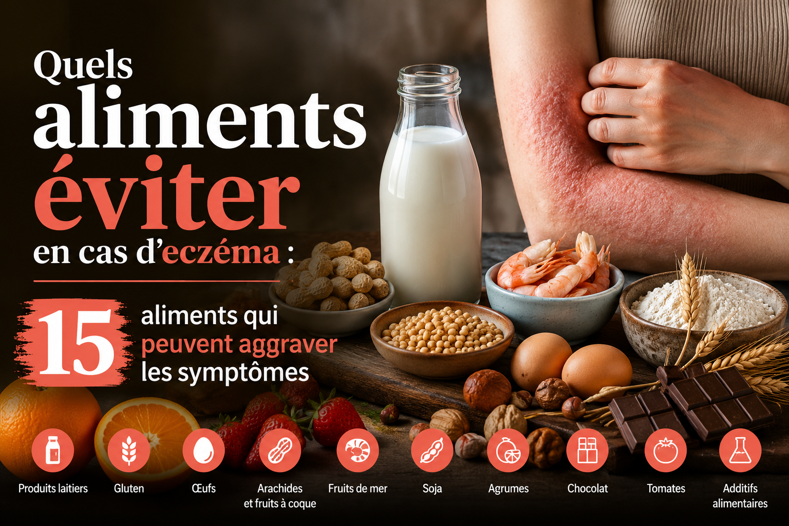 Professional landscape hero image () with : "Quels aliments éviter en cas d'eczéma : 15 aliments qui peuvent aggraver les