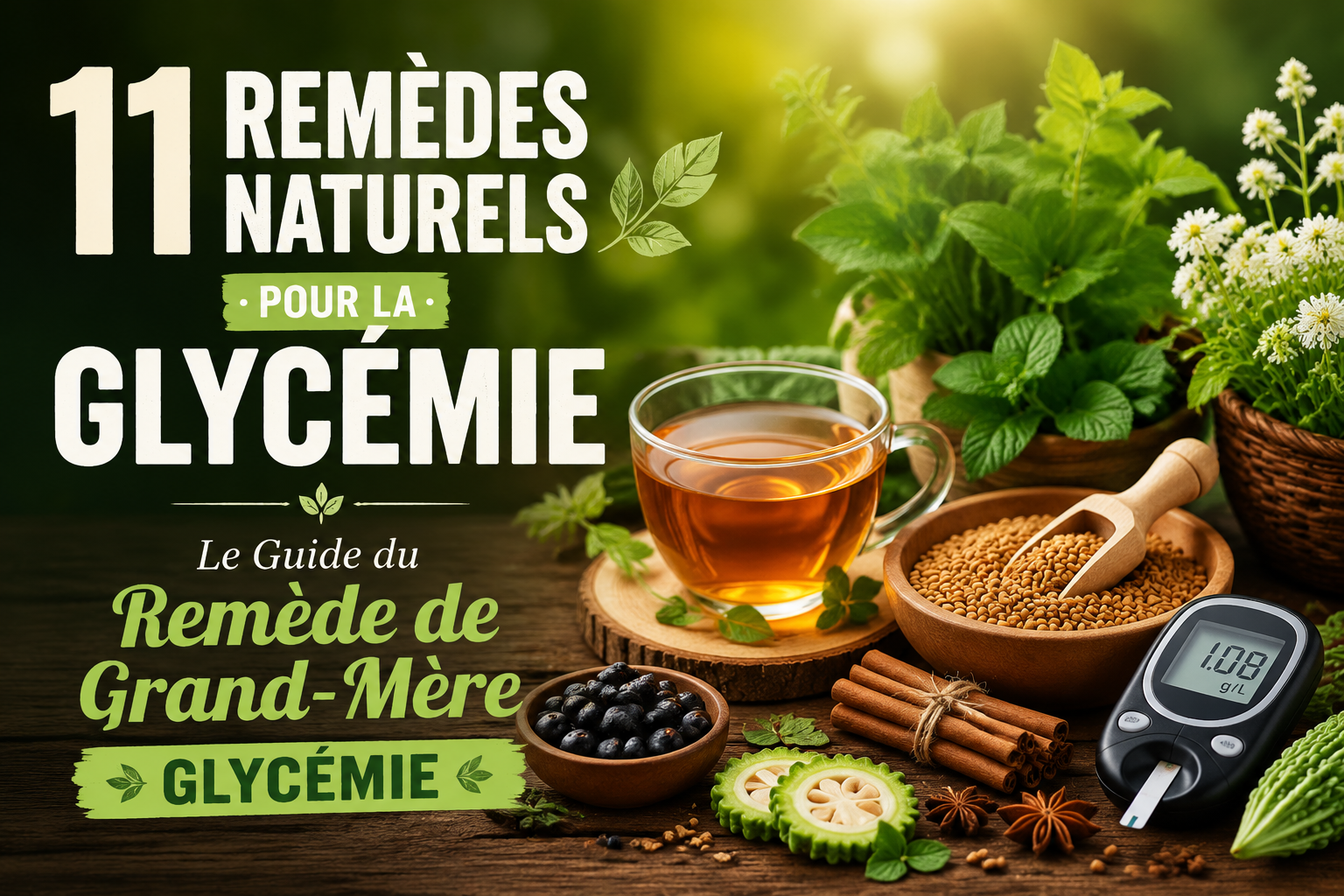 Professional landscape hero image () with : "11 Remèdes Naturels Pour La Glycémie : Le Guide du Remède de Grand-Mère