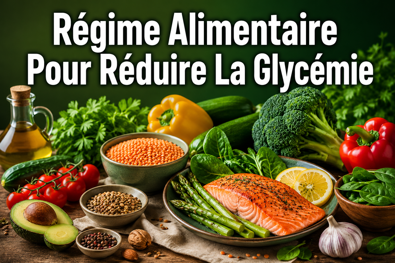 Professional () hero image featuring 'Régime Alimentaire Pour Réduire La Glycémie' in extra large white with dark , centered