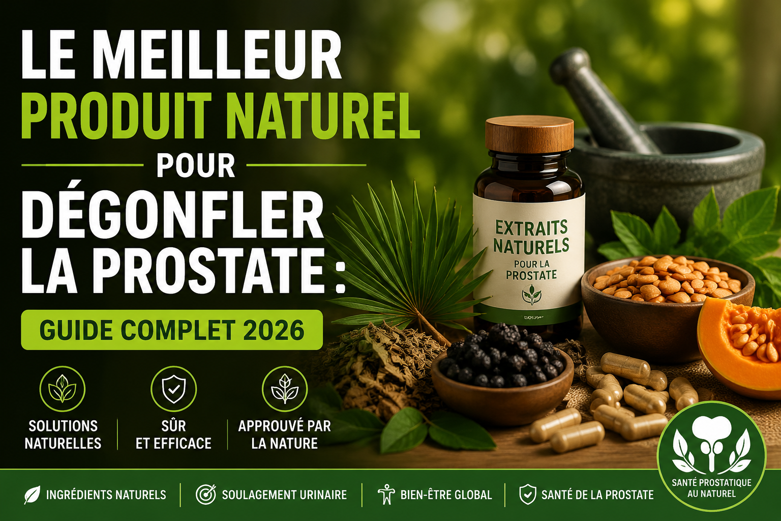 Professional () hero image with : 'Produit Naturel pour Dégonfler la Prostate', centered in upper third. Background shows an