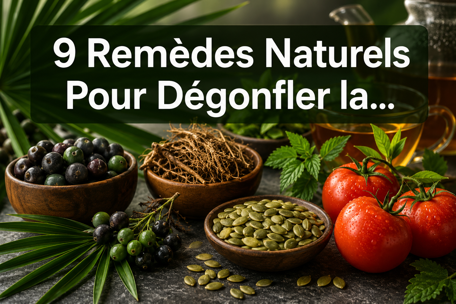 Professional () hero image featuring '9 Remèdes Naturels Pour Dégonfler la…' in large white on a semi-transparent dark bar,