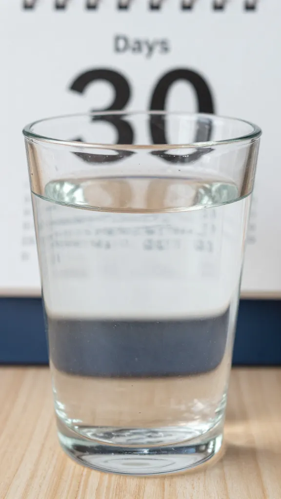 closeup of a single glass of water and a calendar page marking 30 days