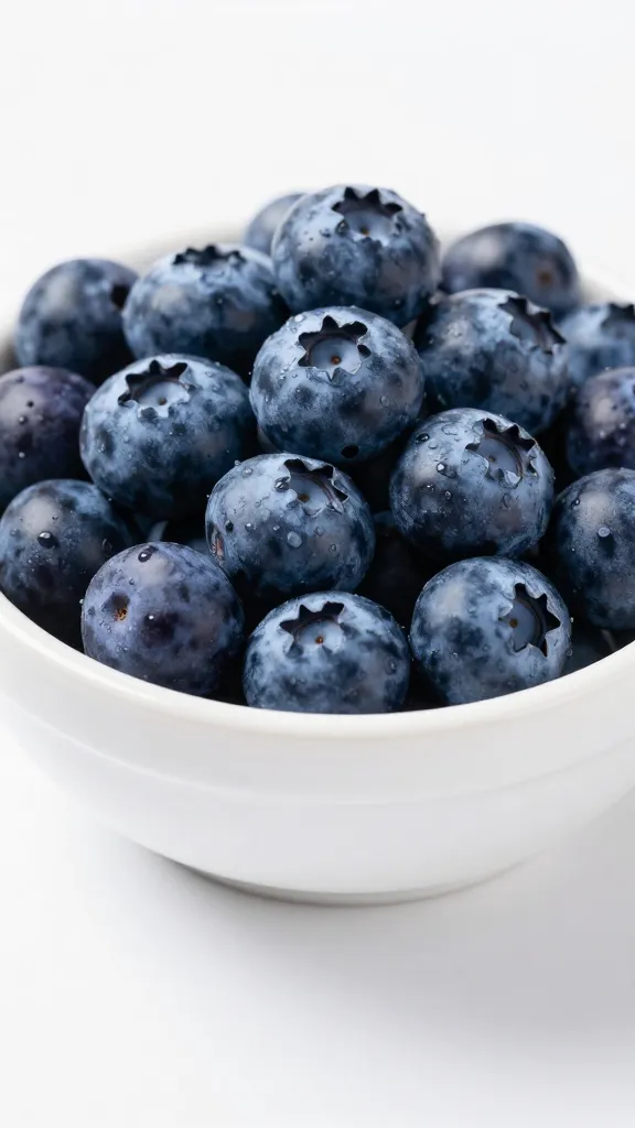 closeup of a single bowl of blueberries on a clean white surface