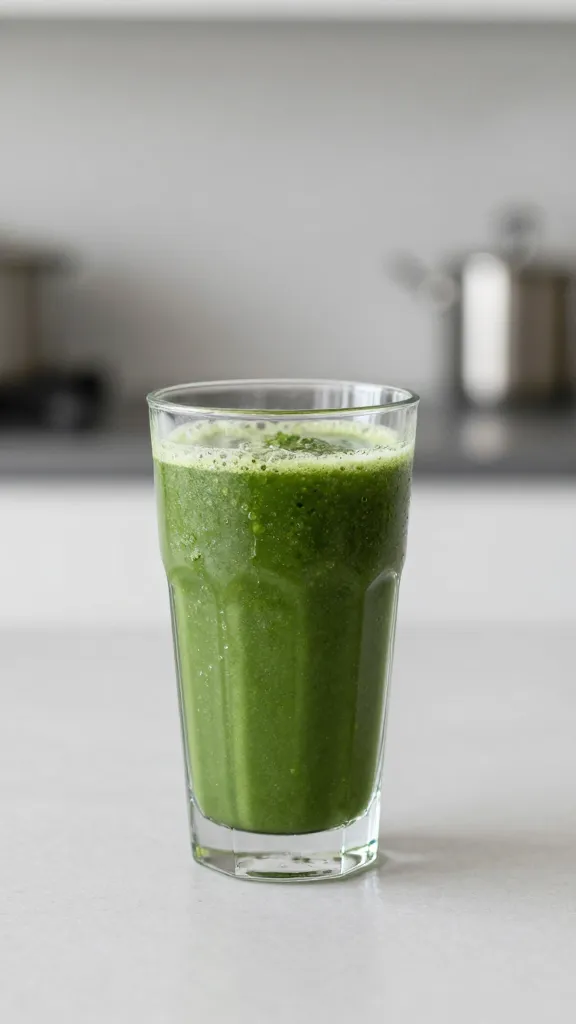 closeup of a single green smoothie on a minimalist kitchen counter