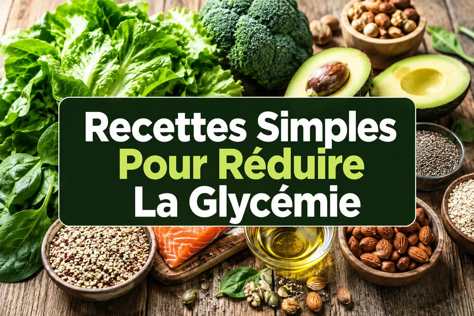 Professional () hero image with SHORT : 'Recettes Simples Pour Réduire La Glycémie', on a high-contrast panel, centered with