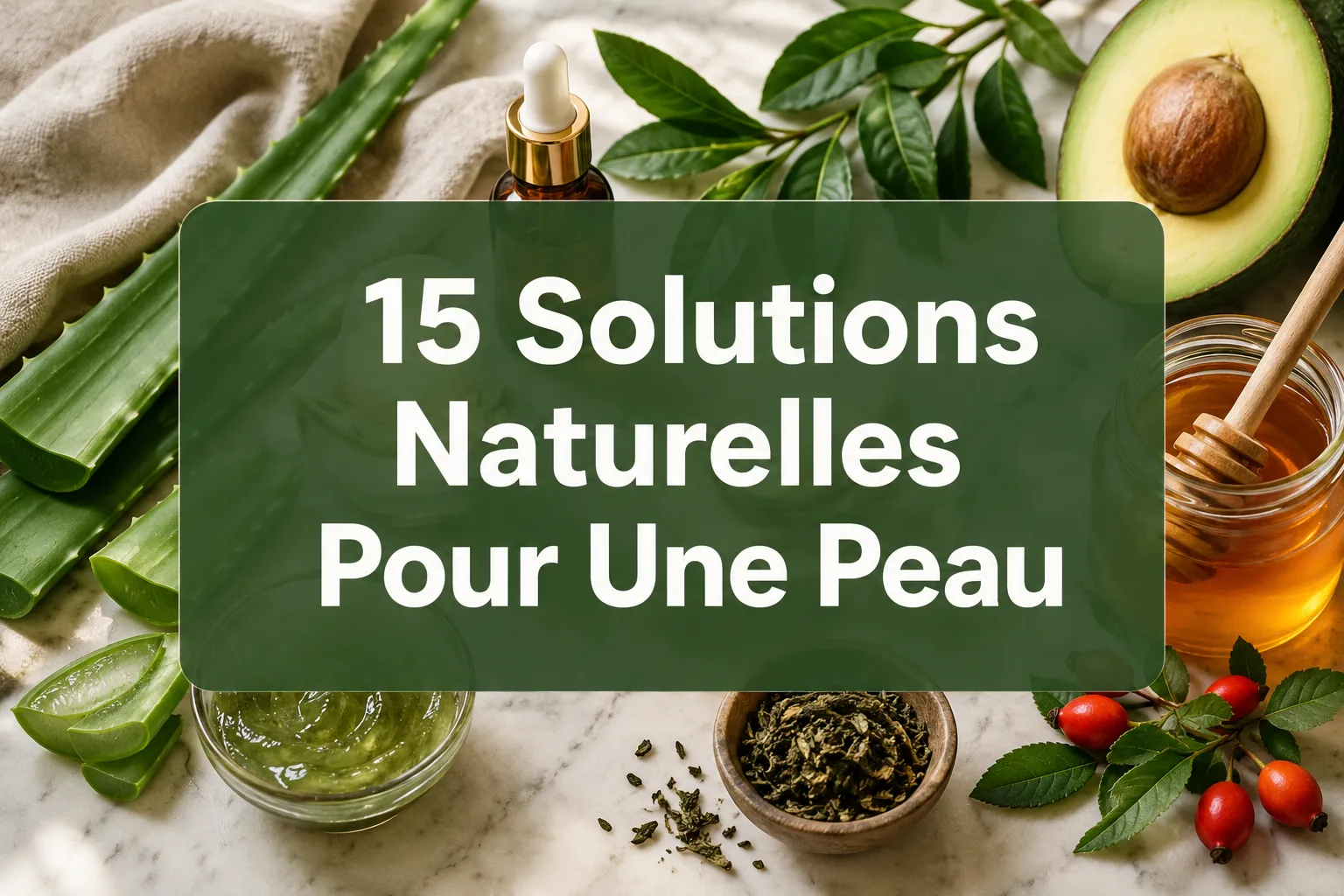 Professional () hero image with SHORT : '15 Solutions Naturelles Pour Une Peau', centered with 8% safe margins from every