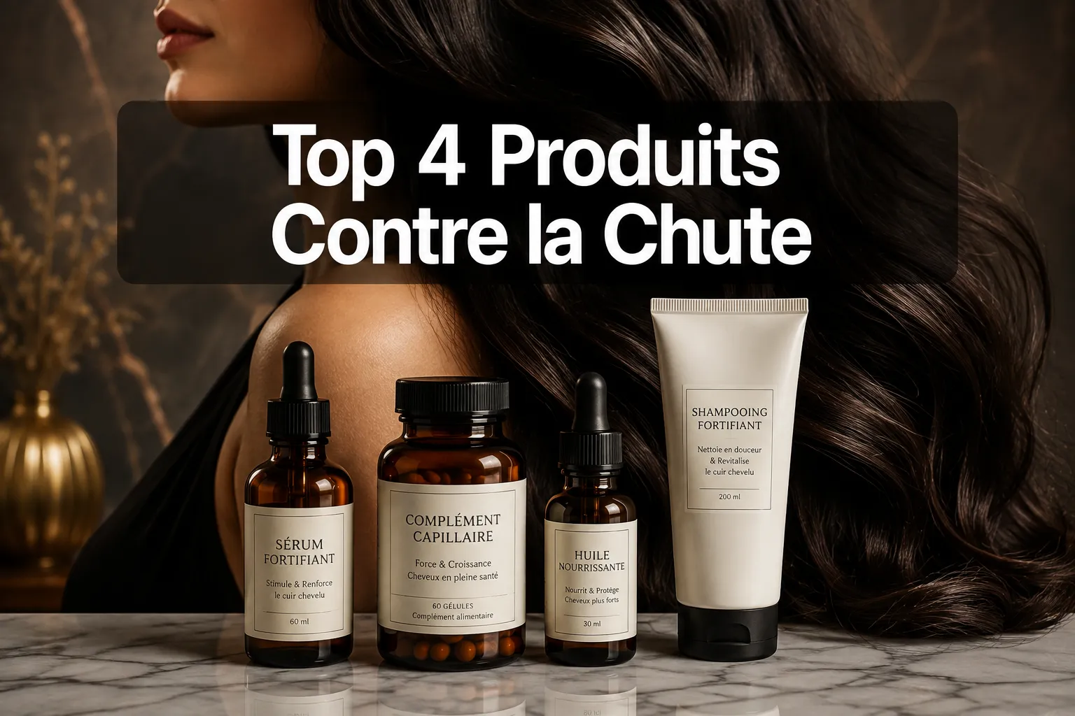 Professional magazine-quality hero image for 'Top 4 Produits Pour les problèmes de perte des cheveux' with SHORT 'Top 4