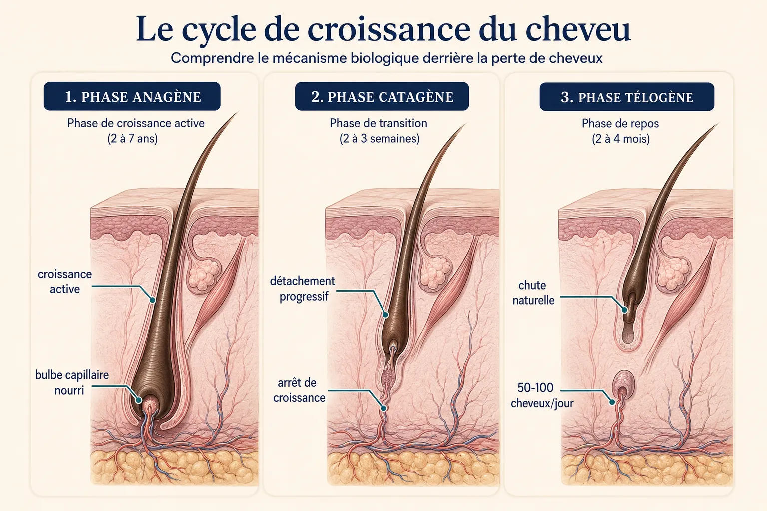 Cycle de croissance du cheveu en quatre phases