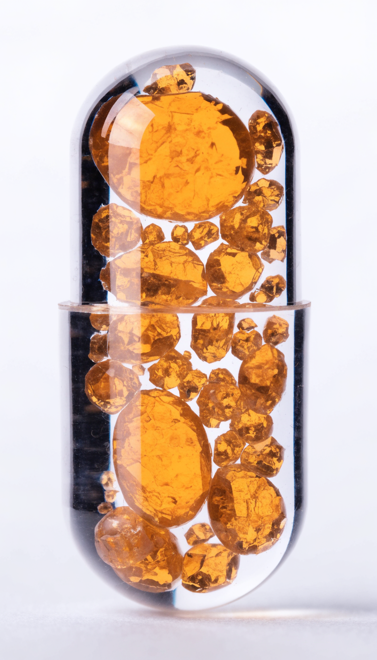 closeup of a single vitamin D capsule on a white background