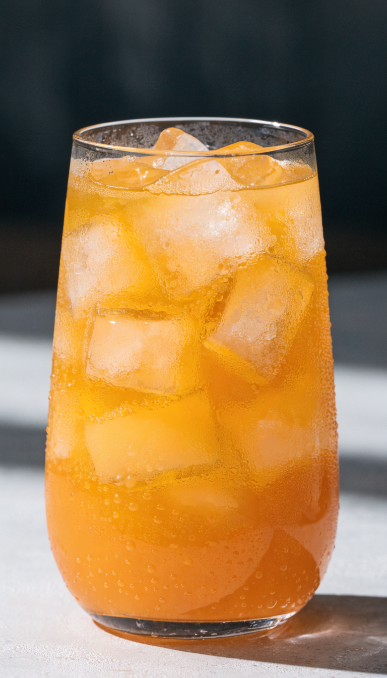 closeup of a single glass of fortified orange juice on clean surface
