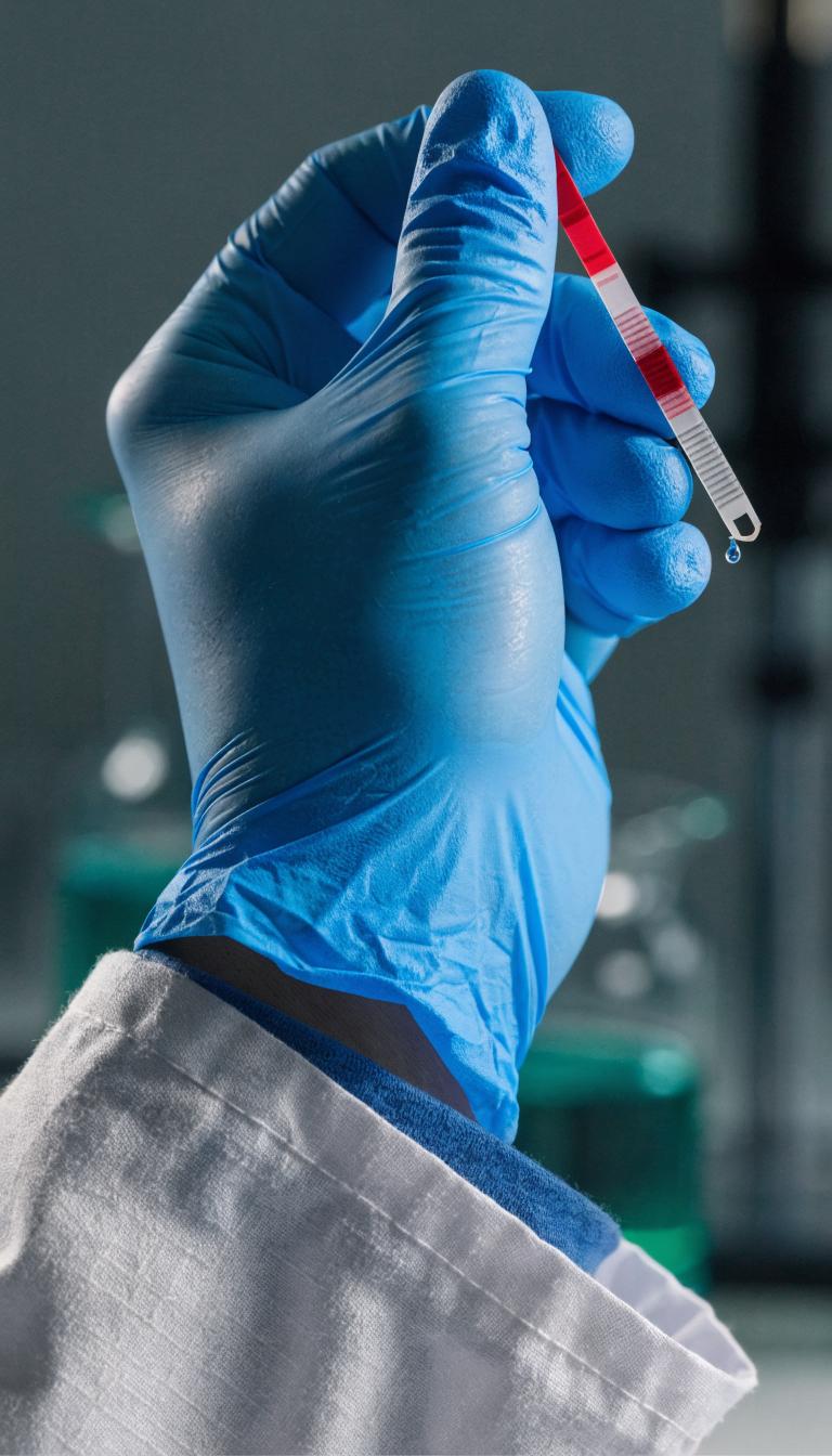 Closeup of a doctor’s gloved hand holding a PSA test strip