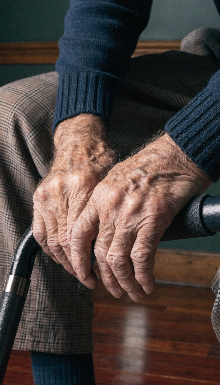 Closeup of a calm elderly man’s hands resting on a walker grip