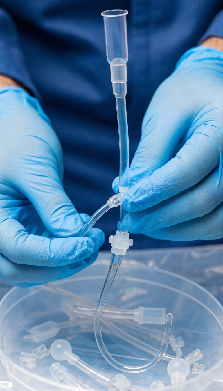Closeup of a urinary catheter in a sterile tray with blue gloved hands