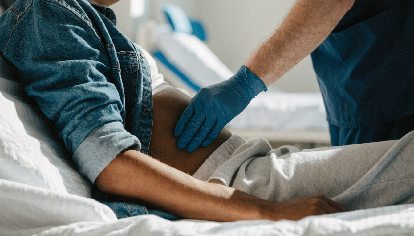 closeup of a doctor’s gloved hand palpating a patient’s lower abdomen