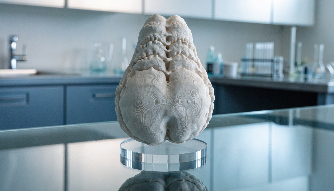 closeup of a 3D-printed prostate model on a clean clinical desk