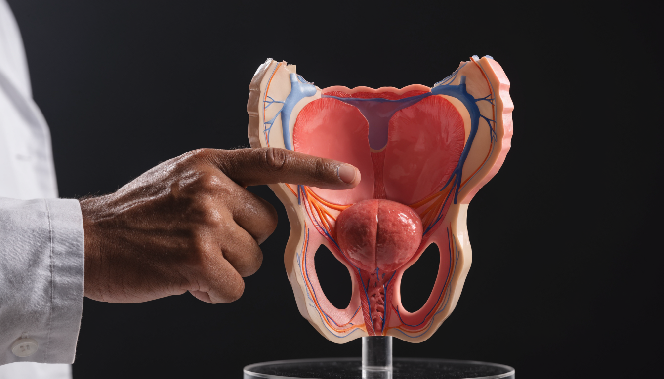 Closeup of a doctor’s hand pointing to a prostate-focused medical diagram