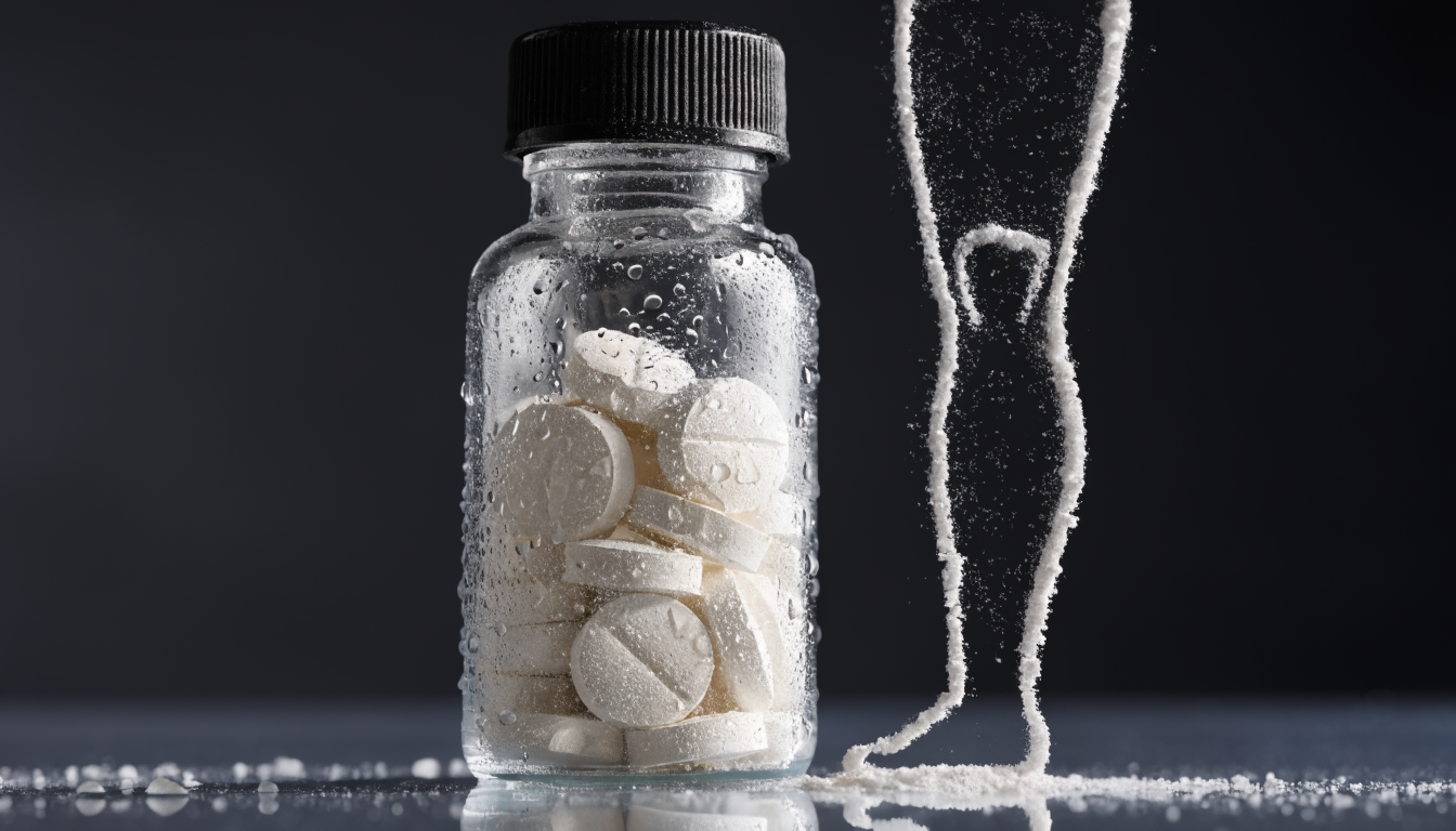 Closeup of a single medication tablet bottle beside a patient’s leg outline