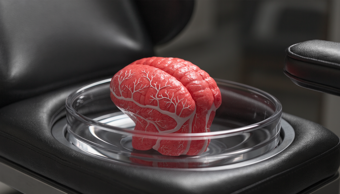 Closeup of a urology exam chair with one focused anatomical model of the prostate