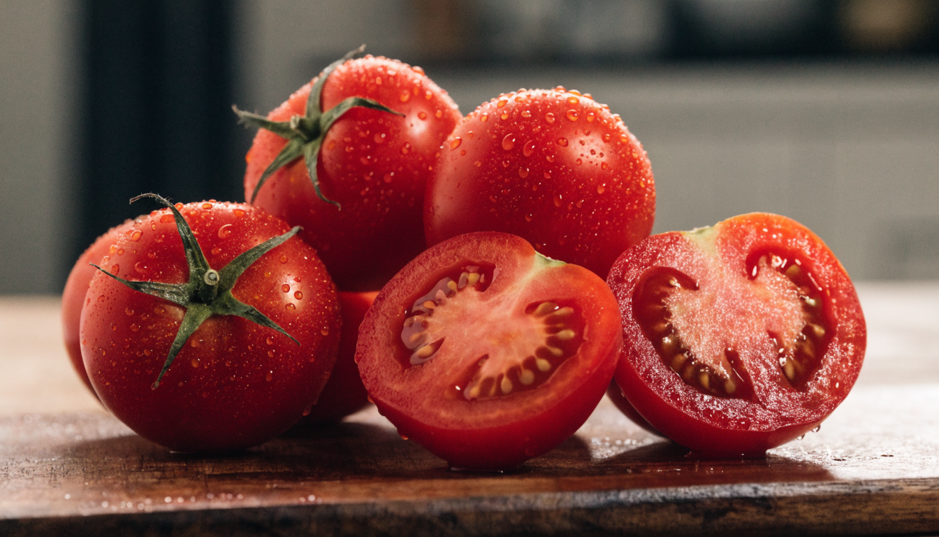 Closeup of red tomatoes on a wooden cutting board