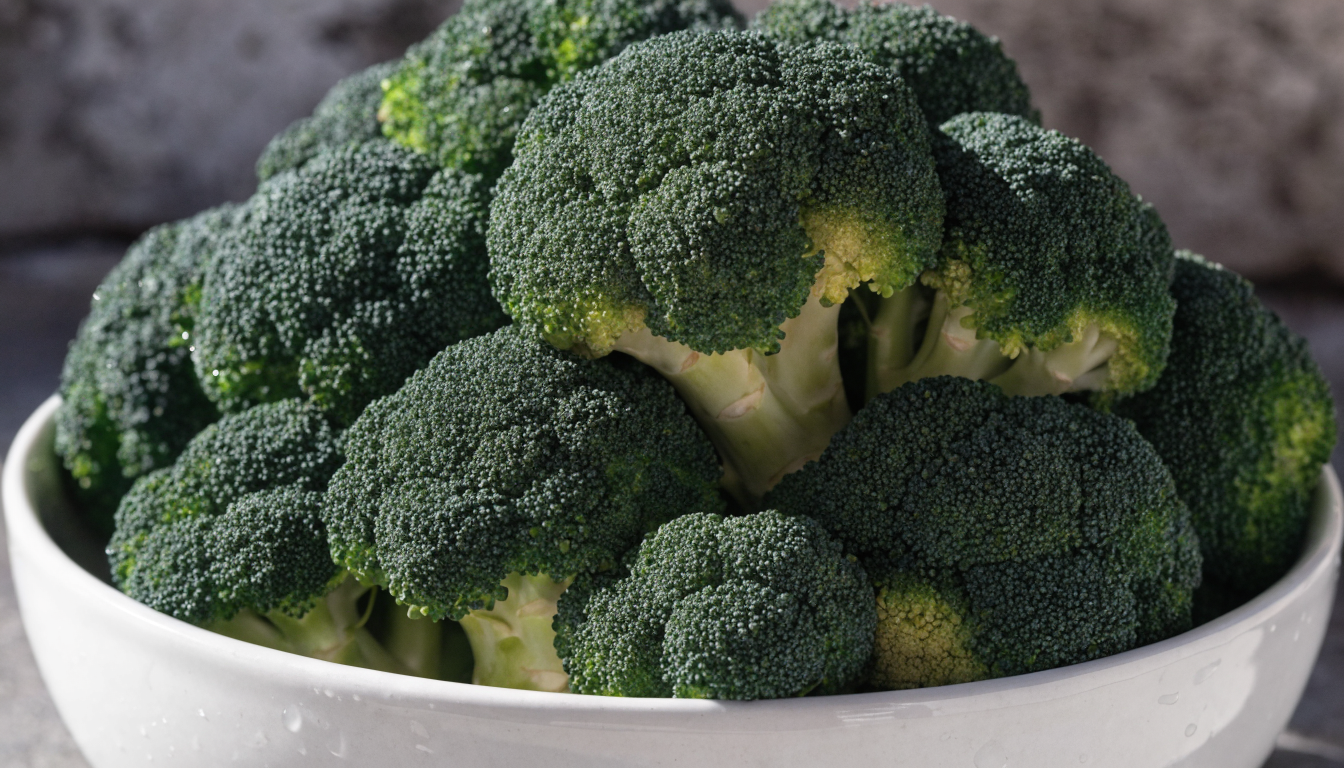 Closeup of broccoli florets in a white ceramic bowl